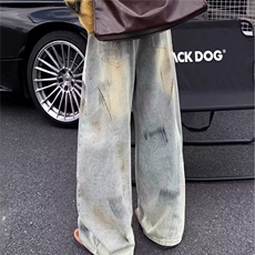 美式脏染水洗做旧直筒牛仔裤男女微喇复古宽松阔腿长裤拖地，男装牛仔裤，星座506A