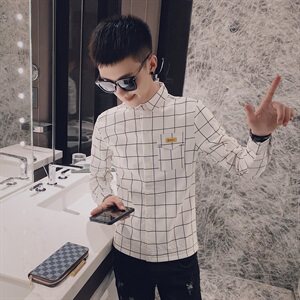 秋季格子弹力长袖衬衫社会精神小伙潮男帅气衬衣C301B-CS10特图片