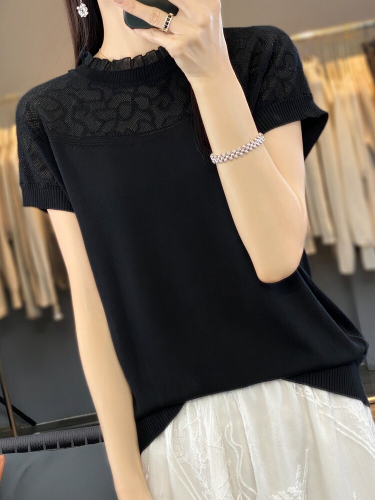 夏季天丝欧根纱蕾丝镂空短袖女圆领木耳花边宽松针织半袖T恤上衣,女装T恤,暖烁羊绒
