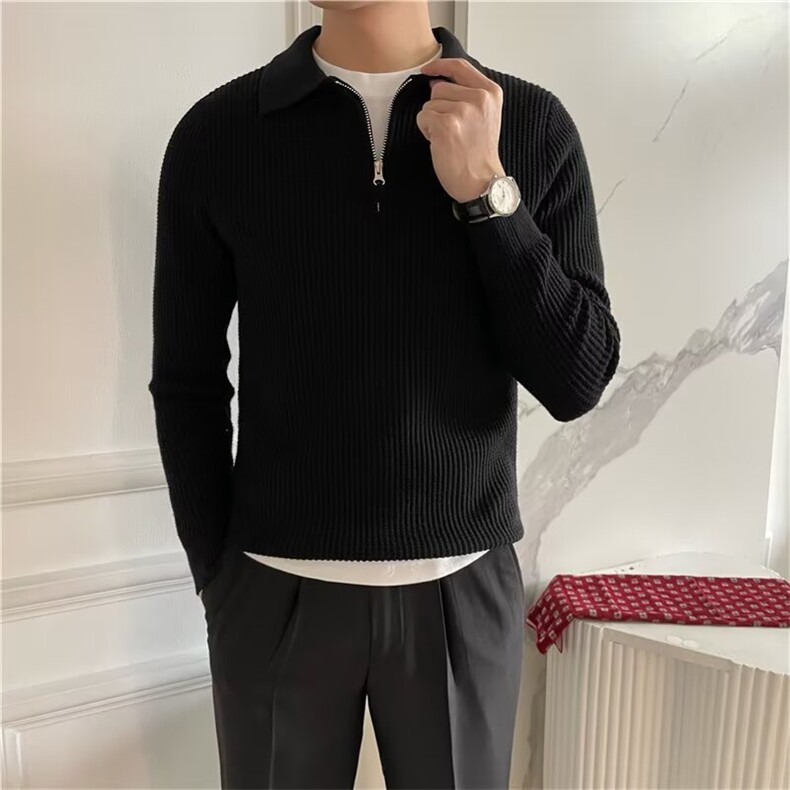 英伦男长袖半拉链polo翻领针织衫套头华夫格面料修身纯色毛线上衣,男装针织衫/毛衣,星座506A