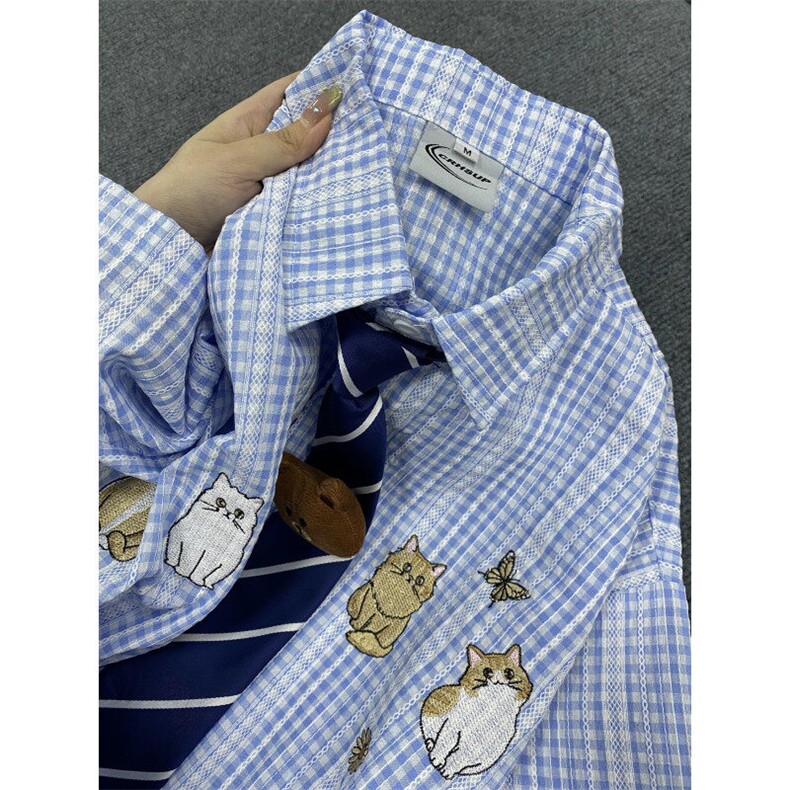 【有货】BK935CC-特P38 复古小猫刺绣格子短袖衬衫男女图片