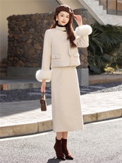 小香风羽绒服套装女冬季2025新款气质富家千金真狐狸毛毛呢套装裙，女装套装/套裙，艾贝斯
