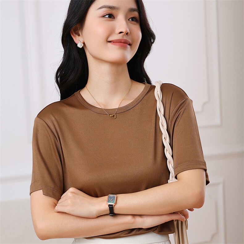2025夏季新款醋酸缎面圆领套头短袖女士纯色简约气质丝滑透气T恤,女装T恤,伊绒腾羊绒