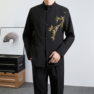 新中式风中山装男翠竹飞机扣立领西装套装唐装西服潮 W47图片