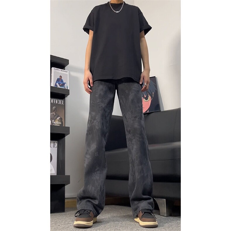 抖音品质美式高街oversize设计感蛇纹迷彩水洗弯刀裤,男装牛仔裤,星座310A-4