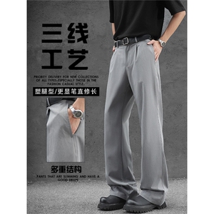 韩版灰西装阔腿裤早春秋高腰宽松显瘦垂感休闲直筒拖地长裤子图片