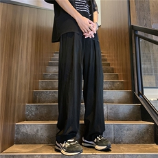 简约休闲风宽松垂感直筒裤男女松紧腰长裤卡其色K72052-特价P40，男装休闲裤，电商A007