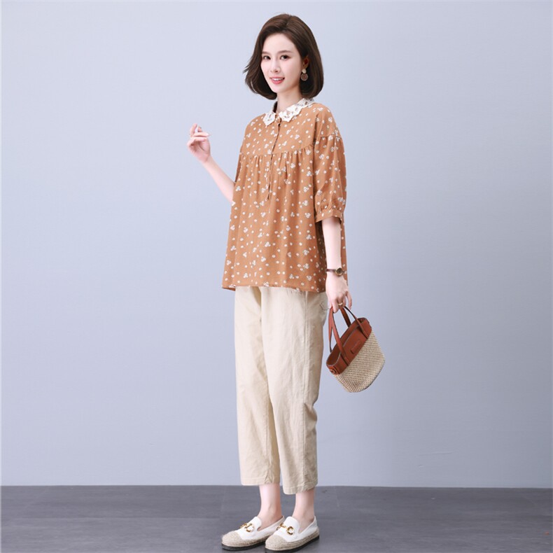 时尚拼接套装女夏季新款宽松显瘦小碎花上衣+休闲裤两件套,女装套装/套裙,叶笙衣