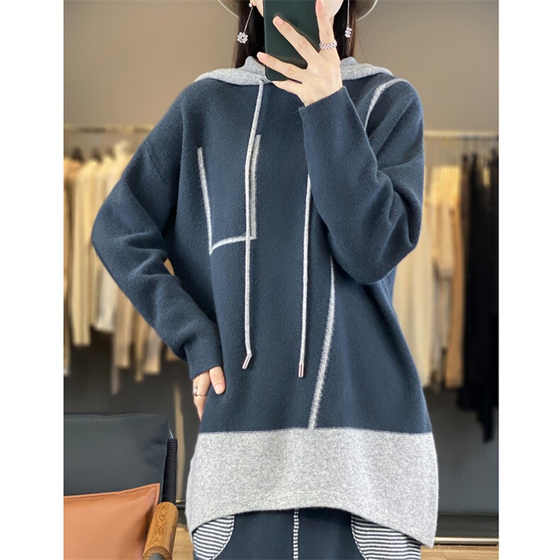 秋冬新款连帽抽绳100%羊绒衫女宽松拼色时尚慵懒羊毛针织打底上衣，女装羊毛衫，若菲羊绒