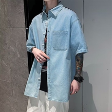 港风复古牛仔衬衫夏季短袖衬衣宽松休闲工装外套9170P45，男装衬衫，星座410-2