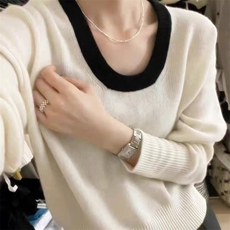 羊毛衫女秋冬宽松内搭针织衫u领拼接打底毛衣，女装羊毛衫，思途羊绒