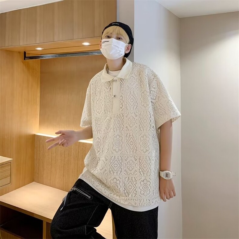 提花网格POLO衫男韩版潮流帅气2023夏季新款ins宽松外套WB065-P41,男装Polo衫,星座412-2