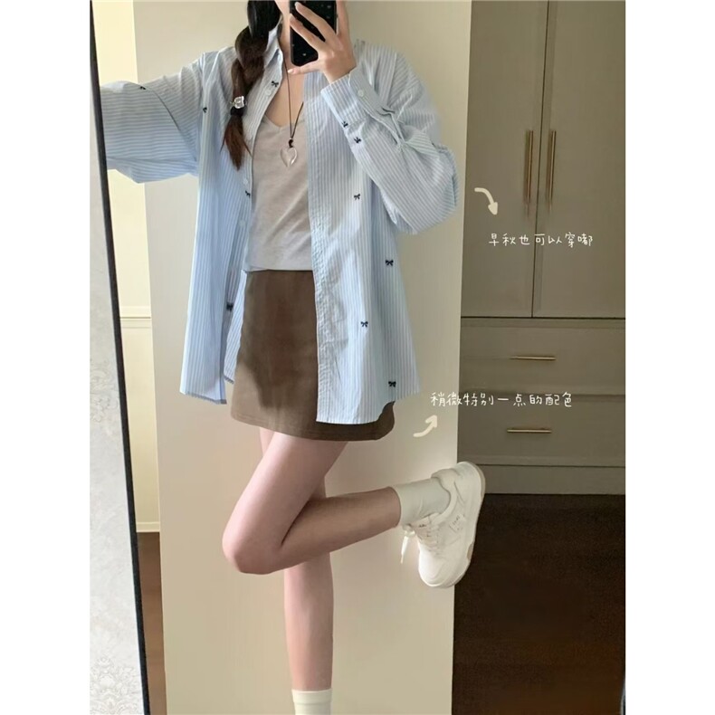 蓝白条纹蝴蝶结刺绣长袖衬衫女早秋中长款独特超好看防晒衬衣上衣,男装防晒衣,星座1210-1