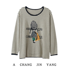 2025年秋季新款条纹图案针织女士上衣时尚休闲通勤百搭，女装针织衫/毛衣，长今羊