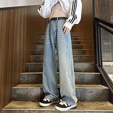 三条杠牛仔裤男秋冬美式高街vibe痞帅黑色阔腿宽松直筒休闲长裤子，男装牛仔裤，星座601-2