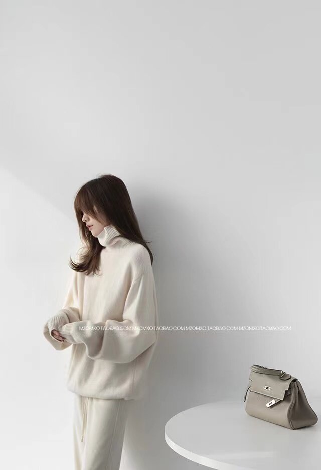 慵懒风q气质潮流高领毛衣女秋冬女装复古中长款宽松针织上衣,针织衫/毛衣,半城羊绒