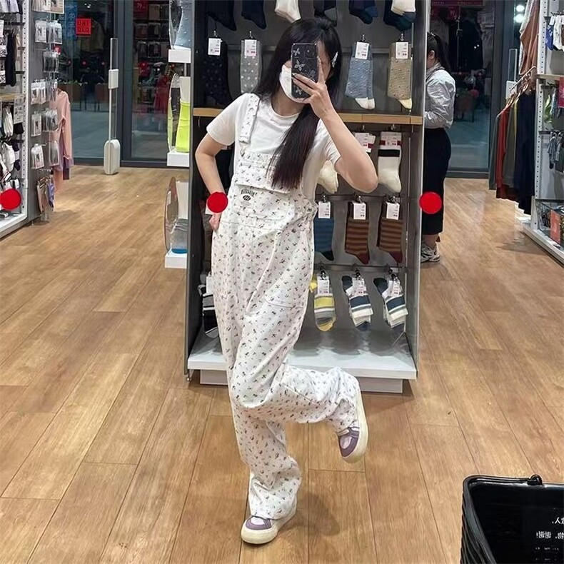 日系可爱清纯风白色牛仔背带裤女印花少女连体裤宽松显瘦长裤子潮,男装牛仔裤,星座506A