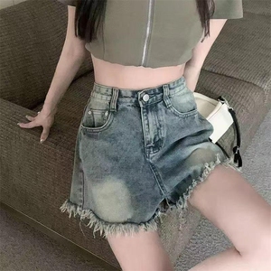 休闲毛边牛仔夏季高腰新款复古设计辣妹宽松显瘦短裤热裤裤子ins