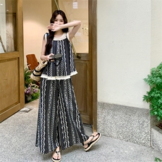 韩系蕾丝拼接流苏上衣条纹阔腿裤套装女2025夏新款甜美温柔两件套，女装套装/套裙，2D034