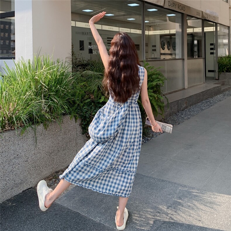 蓝色小清新木耳边无袖连衣裙女2025夏新款韩系复古气质格纹背心裙,女装连衣裙,2C216