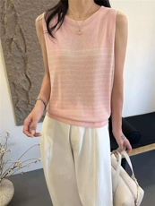 2026夏季新款时尚条纹圆领无袖针织背心女宽松百搭外穿吊带背心，女装T恤，美轩羊绒