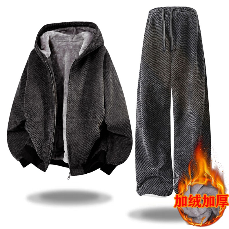 加绒青年银丝亮晶晶斜纹宽松休闲连帽套装J5016-加绒P120常规90，男装休闲套装，星座310B