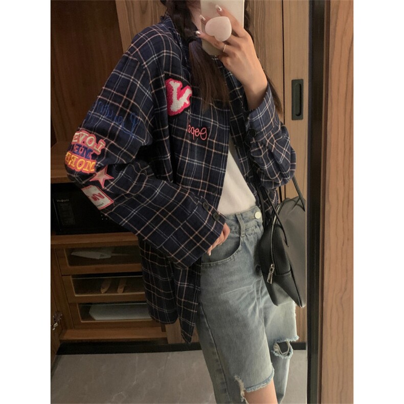 D623-P55 新款绣花格子衬衫上衣春秋季图片
