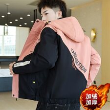 冬季斜拼棉服男模特加厚夹克风衣保暖外套工装棉衣粉867加绒，男装夹克，星座1207