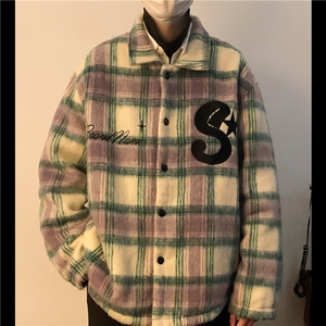 高级感小香风格子毛呢外套衬衫男女美式复古刺绣加厚冬M8111-P98图片