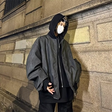 美式假两件外套男秋季潮牌百搭pu皮纹理夹克复古高街痞帅情侣上衣，男装夹克，星座410-6（原星座1304-1）