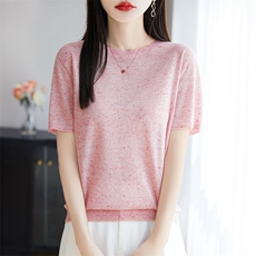 夏季一线成衣天丝亚麻针织短袖女圆领点子纱T恤上衣宽松半袖打底，女装T恤，暖烁羊绒