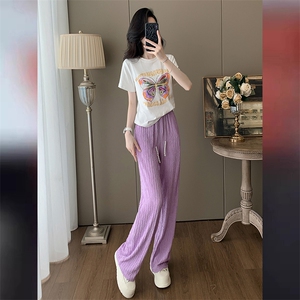 时尚休闲运动套装女夏新款宽松显瘦印花短袖紫色直筒阔腿裤两件套图片