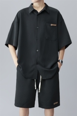 夏新大码休闲冰丝短袖衬衫短裤男透气薄款运动两件套装TZ053-P55，男装休闲套装，电商A082