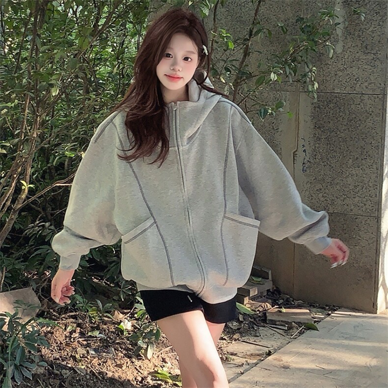 抖音得物高品质秋冬美式高街重磅结构辑明线纹理连帽卫衣外套W111,女装短外套,电商A486-1