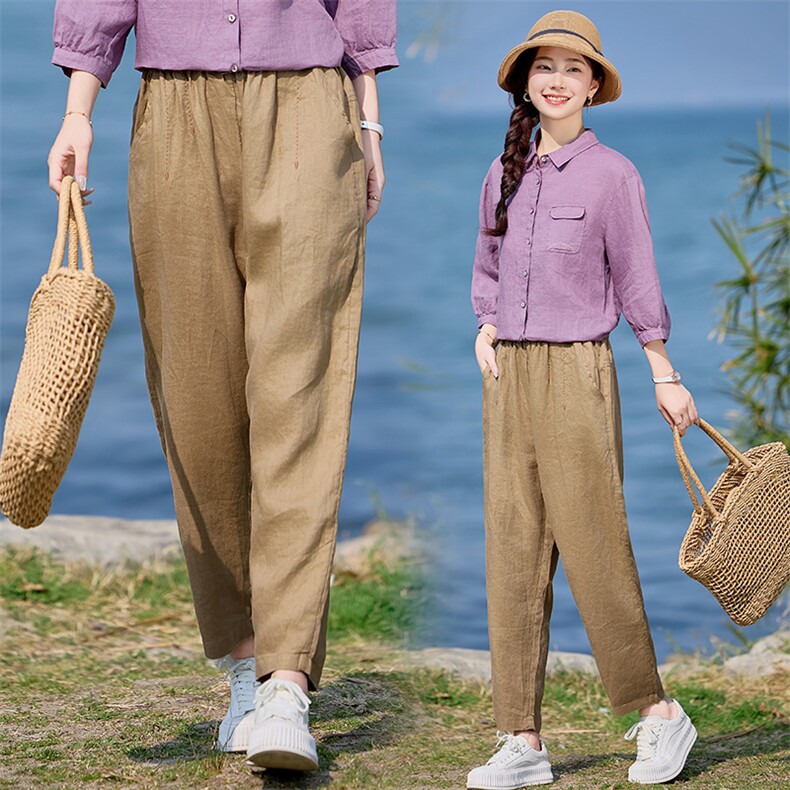 棉麻裤子女2025休闲透气长裤宽松薄款中年妈妈洋气减龄直筒女裤,女装休闲裤,涵誉