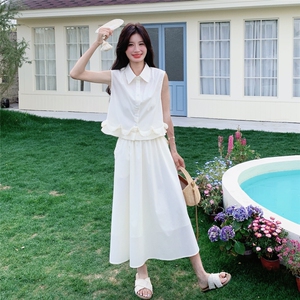 木耳边无袖白色背心上衣阔腿裤套装女夏巨好看流行两件套韩系爆款图片