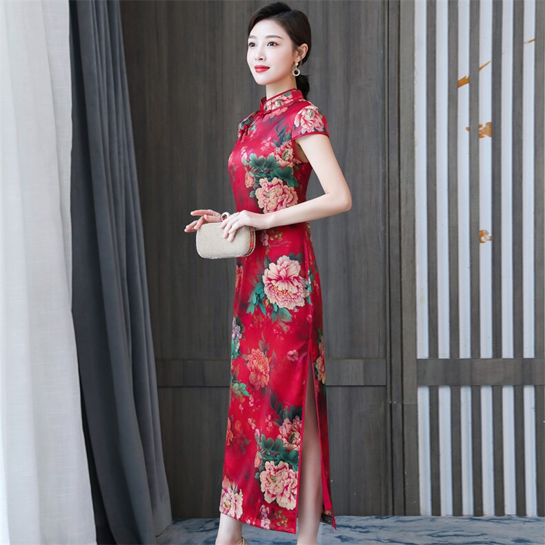 2026春夏季新款专柜品质真丝优雅时尚印花长款婚礼旗袍连衣裙,女装连衣裙,小荷流