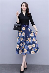 新款时尚气质优雅高弹V领上衣+麂皮绒套裙，女装套装/套裙，岚衣(原川流布茜）