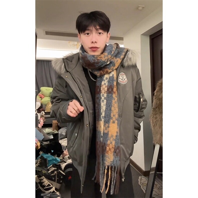 网-深灰色毛领羽绒棉服男冬季加厚痞帅外套连帽工装派克服B83-P95,男装棉衣,星座910-1