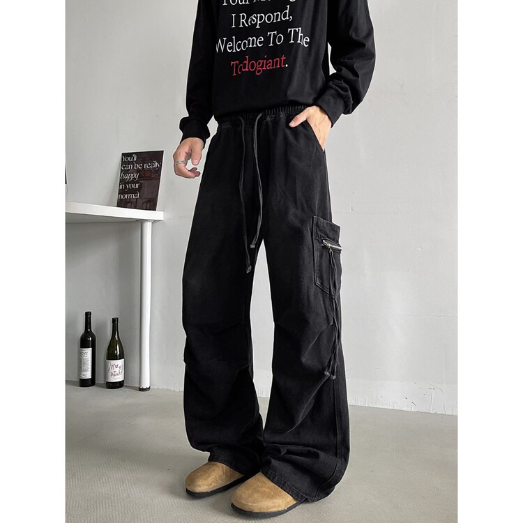 磨白水洗美式复古褶皱牛仔裤男女cleanfit潮牌大口袋宽松工装裤子，男装牛仔裤，星座218-8