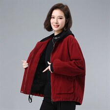 2021年冬季拼接连帽加绒外套宽松长袖文艺通勤开衫，女装卫衣/绒衫，叶笙衣