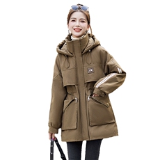 加绒加厚派克棉服女中长款2025春秋新款宽松工装风冲锋衣连帽外套，女装棉衣/棉服，采品优优