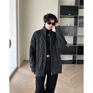 美式复古麻花开衫毛衣潮牌宽松休闲拉链慵懒风针织衫图片