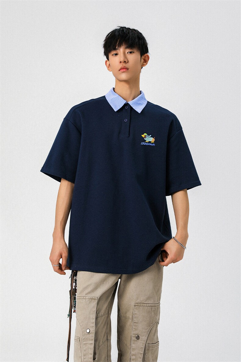 腊肠狗假两件格子领POLO衫衬衫领大码M-5XL短袖T恤男78015P48控78,男装T恤,星座226-1