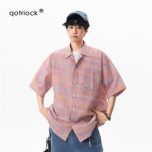 美式格纹泡泡纱短袖T恤衬衫男女夏季薄款设计感半袖宽松速干外套图片