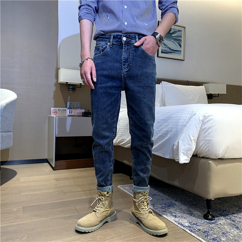 B230-6032 p85 复古做旧水洗深蓝色微垮修身小脚弹力牛仔裤男新品图片