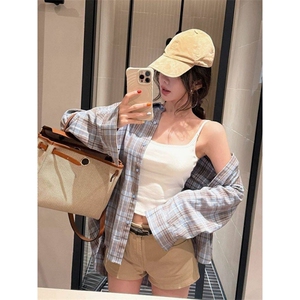 TC617-P45格纹衬衫外套女2026春季设计感小众翻领长袖宽松衬衣图片