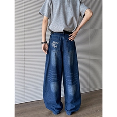 春夏季美式复古碎花直筒牛仔裤男女宽松休闲阔腿长裤潮N07821-P52，男装牛仔裤，星座308B-1