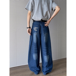 春夏季美式复古碎花直筒牛仔裤男女宽松休闲阔腿长裤潮N07821-P52图片