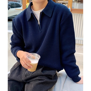 松弛感简约风Polo领毛衣男秋冬鹿毛绒半拉链宽松针织毛衫 MMY33图片